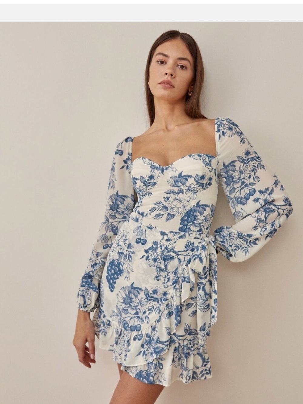 Reformation Cammi Cream long sleeve Mini Dress with Blue Floral Print